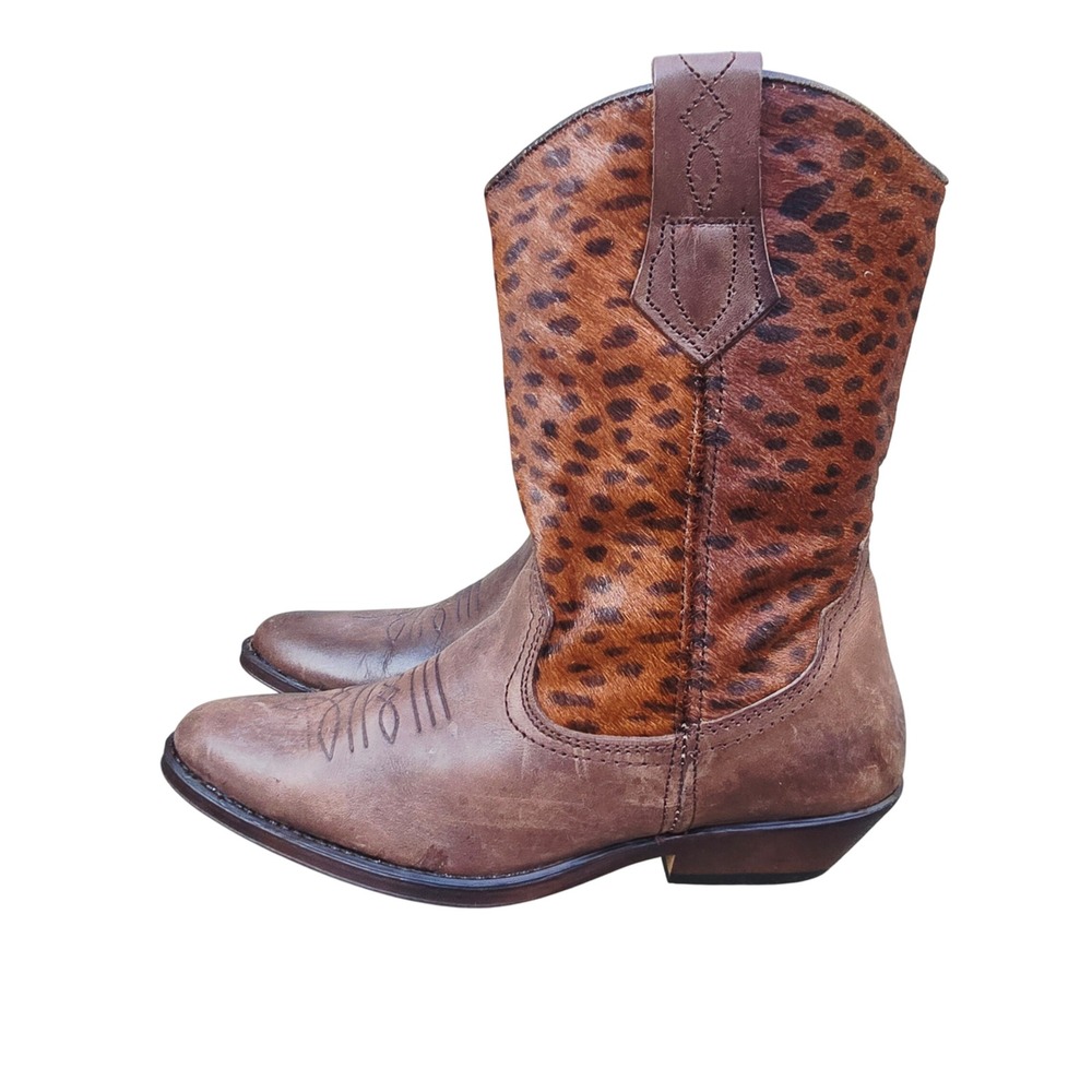 Ratio Leopard Print Haircalf Leather Cowboy Boots Brown Women Size‎ 7.5